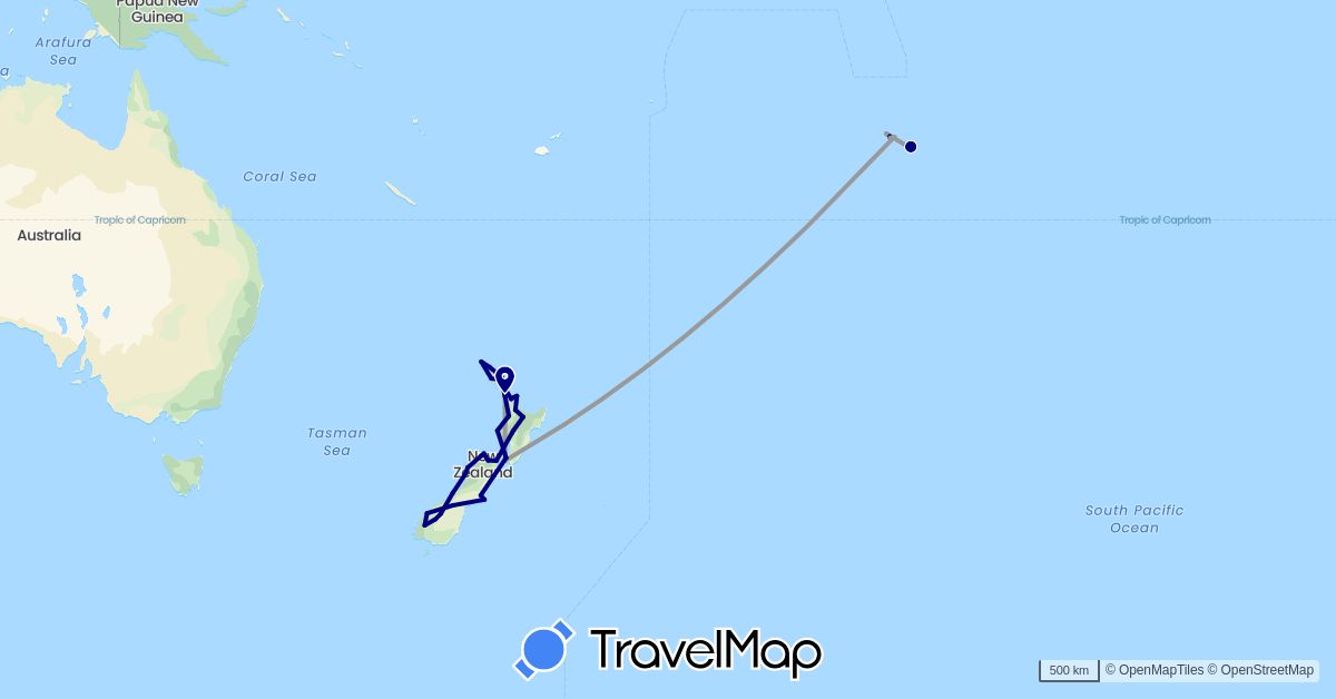 TravelMap itinerary: driving, plane, boat in France, New Zealand (Europe, Oceania)
